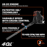 SENIX 49 cc Gas Leaf Blower, 4 - Cycle Backpack Leaf Blower,Up to 600 CFM and 200 MPH, Variable Speed & Cruise Control, 18N Powerful Blowing Force (BLB4QL - M)