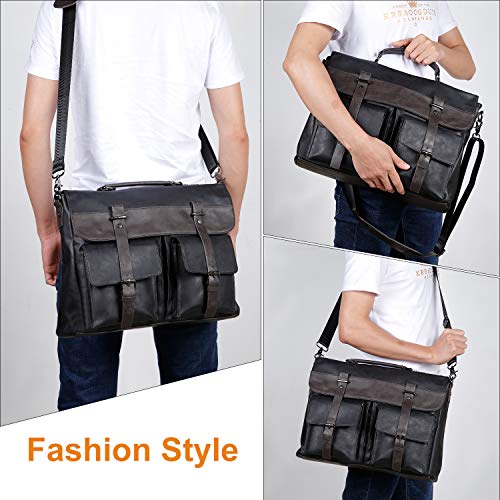 seyfocnia Men's Vintage Black 17.3 Inch Water Resistant PU Leather Laptop Bag, Messenger Bag, Satchel, Briefcase