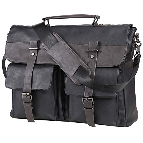 seyfocnia Men's Vintage Black 17.3 Inch Water Resistant PU Leather Laptop Bag, Messenger Bag, Satchel, Briefcase