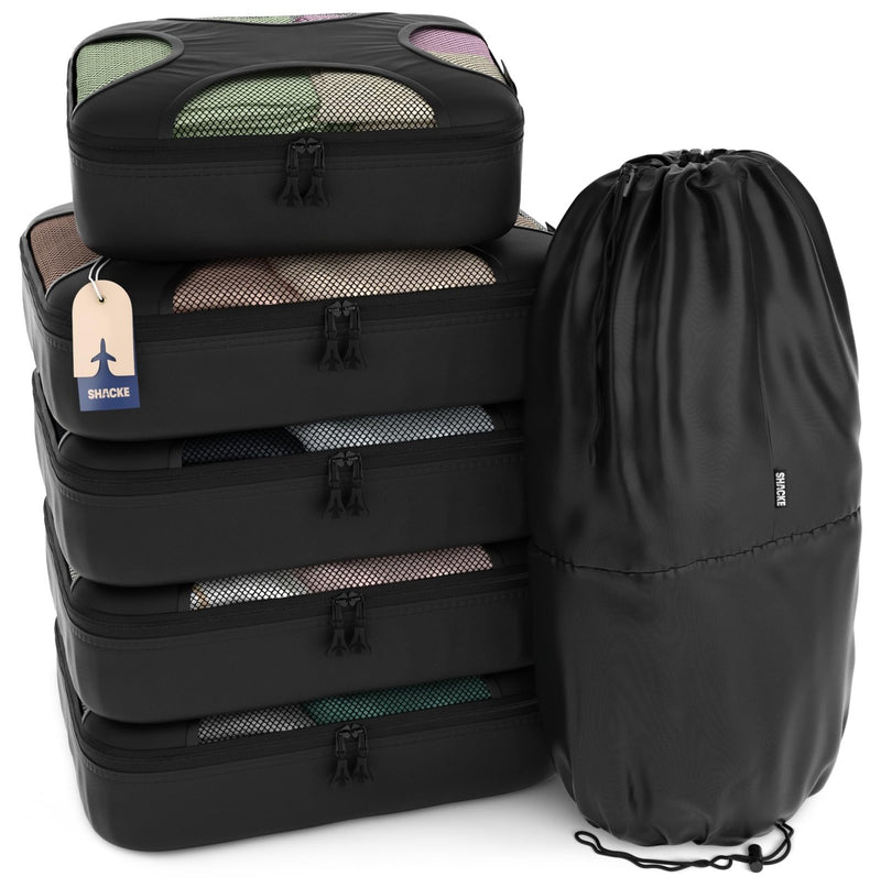 Shacke 6 Set Packing Cubes for Travel - Compression Packing Bags/Travel Organizer - Luggage Organizer Bags for Traveling - Travel Essentials for Women - Cruise Must Haves Packing List (Pure Black)