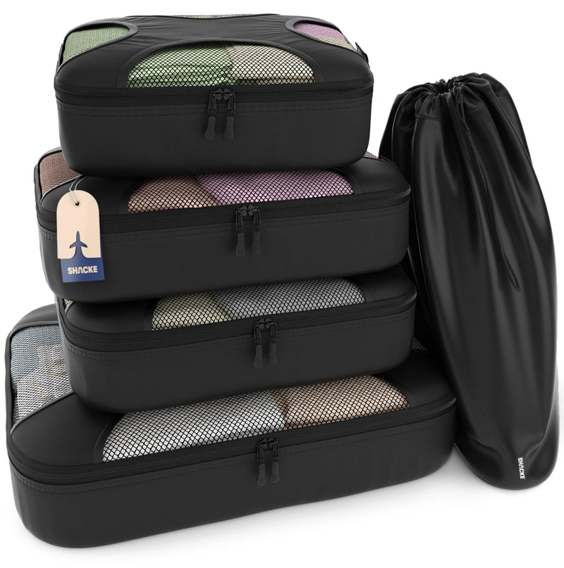 Shacke Packing Cubes for Travel 5 Set - Compression Luggage Organizer Bags - Versatile Travel Organizer for Women and Men - Optimized Packing Bags - Travel Essentials (Pure Black)