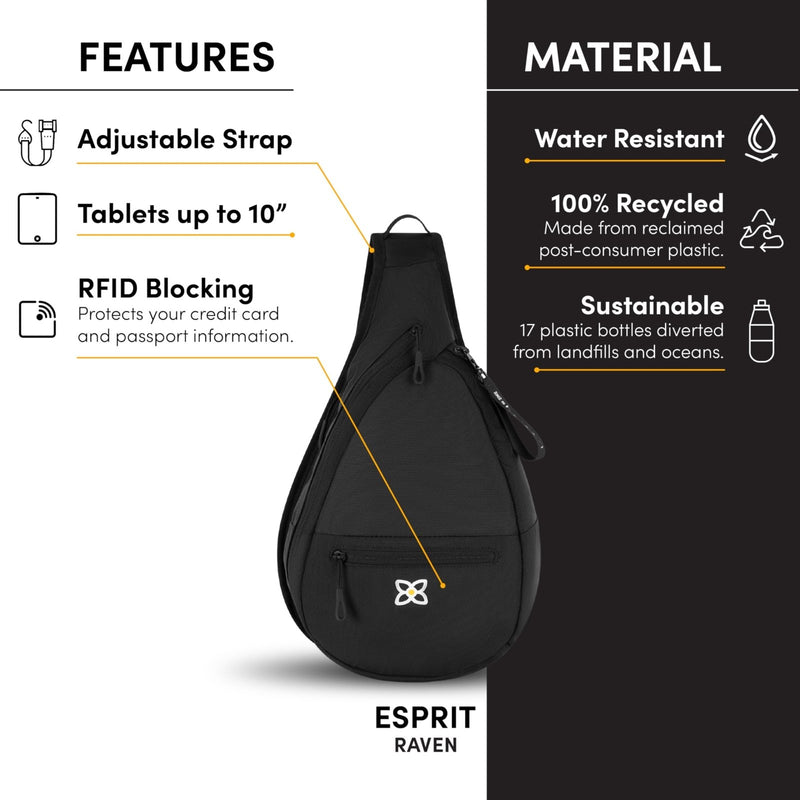 Sherpani Esprit, Sling Backpack, 10L Travel Bag, Women Shoulder Sling Purse, Crossbody Backpack, Travel Gifts, RFID Protection, Fits 10 Inch Tablet (Raven Classic)