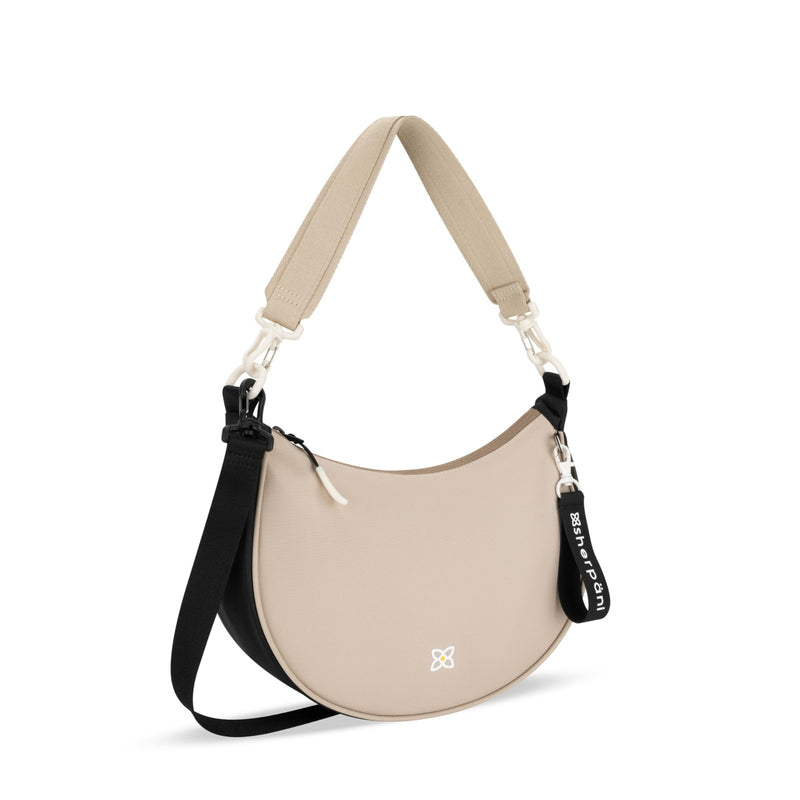 Sherpani Mina, Medium Nylon Crescent Bag, Lightweight Half Moon Crossbody Bags, Fashionable Shoulder Bag, Travel Handbag for Women, RFID Protection, Travel Gift (Con Leche)