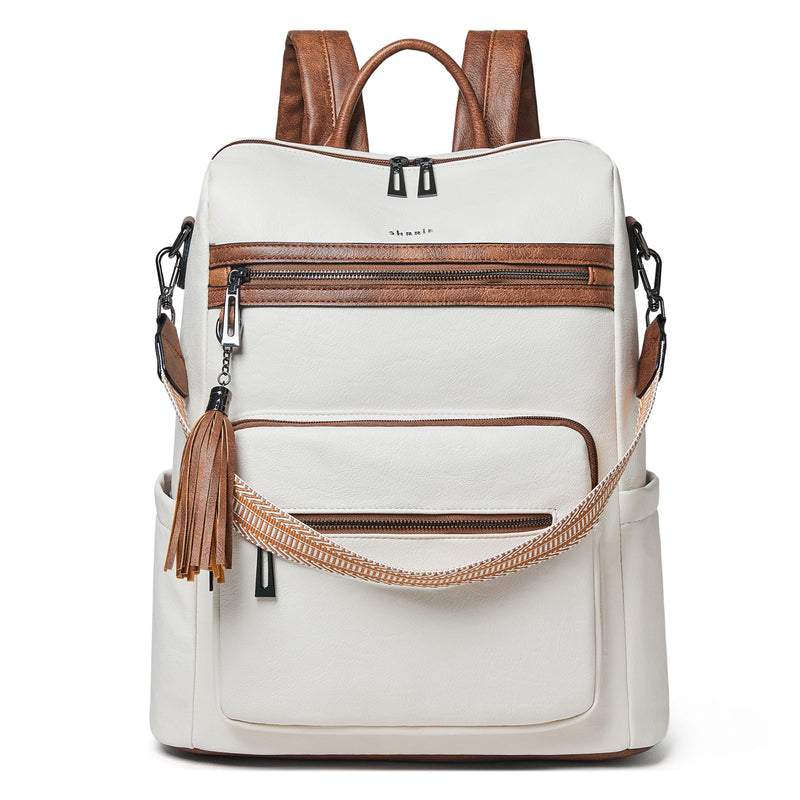 Shrrie 15.6 inch Laptop Backpack for Women,Large Leather Backpack Purse,Travel,Carry on,Water Resistant Casual Laptop Backpacks,College Backpack,Work Backpack for Women,Beige with Brown