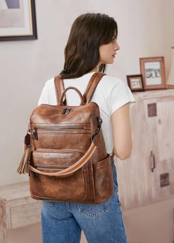 Shrrie 15.6 inch Laptop Backpack for Women,Large Leather Backpack Purse,Travel,Carry on,Water Resistant Casual Laptop Backpacks,College Backpack,Work Backpack for Women,Two-toned Brown