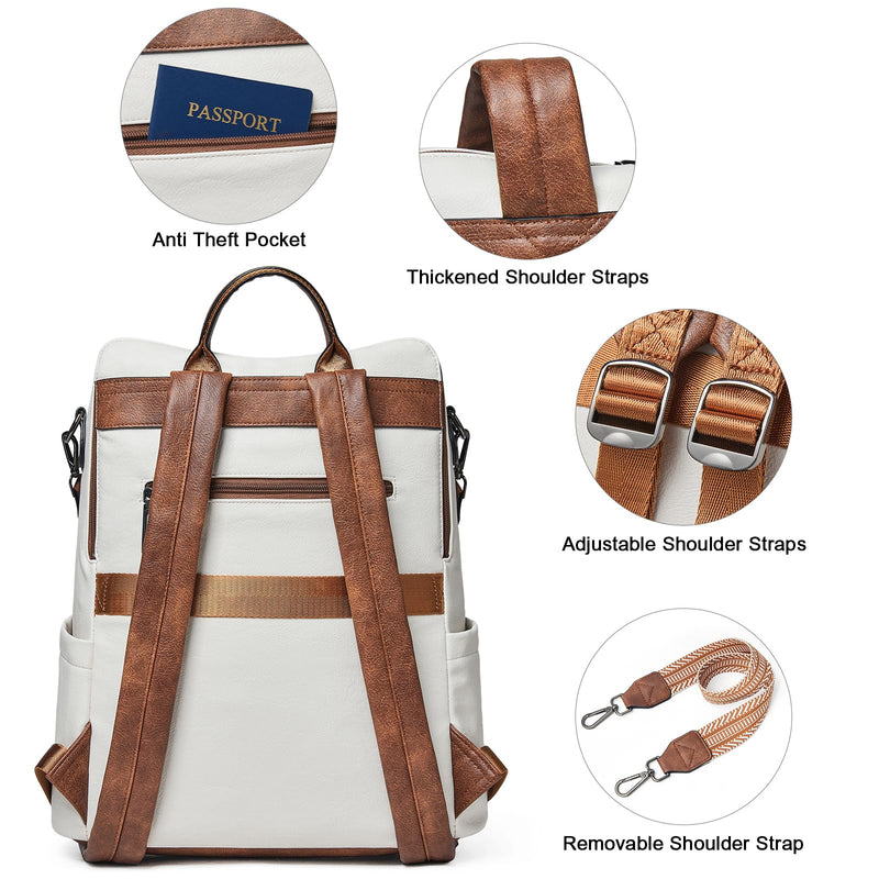 Shrrie 15.6 inch Laptop Backpack for Women,Large Leather Backpack Purse,Travel,Carry on,Water Resistant Casual Laptop Backpacks,College Backpack,Work Backpack for Women,Beige with Brown