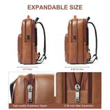 Shrrie Leather Laptop Backpack for Women and Men,28 L Travel Backpack Computer Bag Fits 16 inch Laptop,Expandable Casual Daypack with USB Port for Work Business Weekender College,Brown