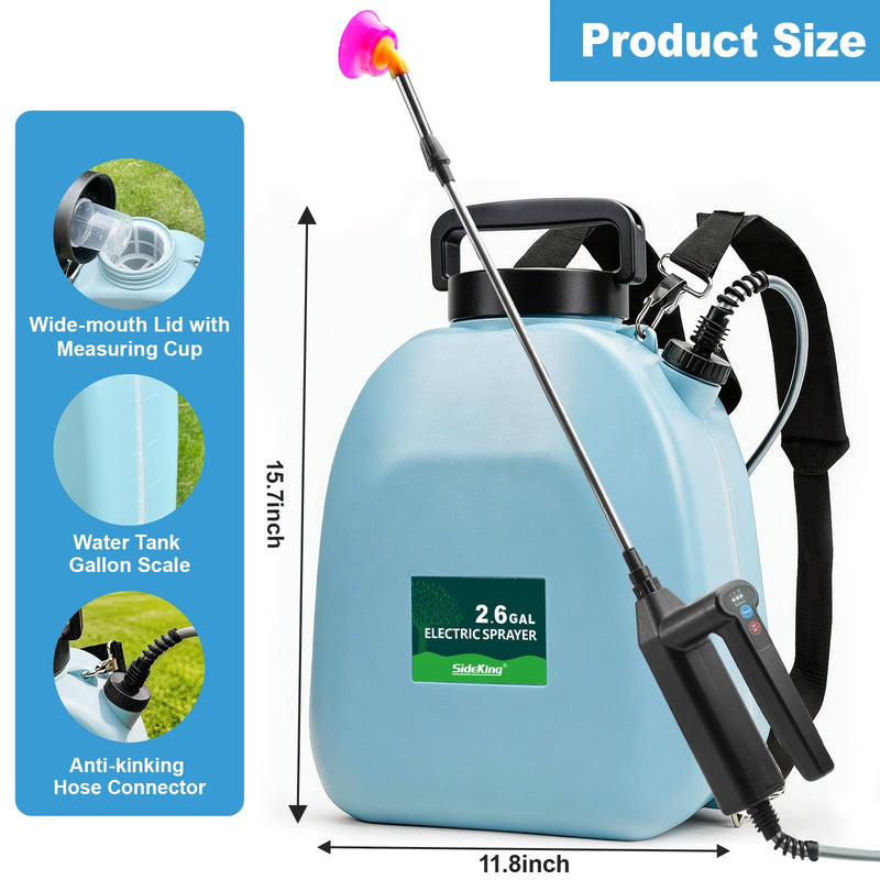 SideKing 2.6 Gallon Battery Powered Backpack Sprayer, Electric Weed Sprayer with 3 Adjustable Pressures, Battery Indicator, 5 Nozzles & 40" Telescopic Wand, Rechargeable Garden Sprayer for Lawn & Yard
