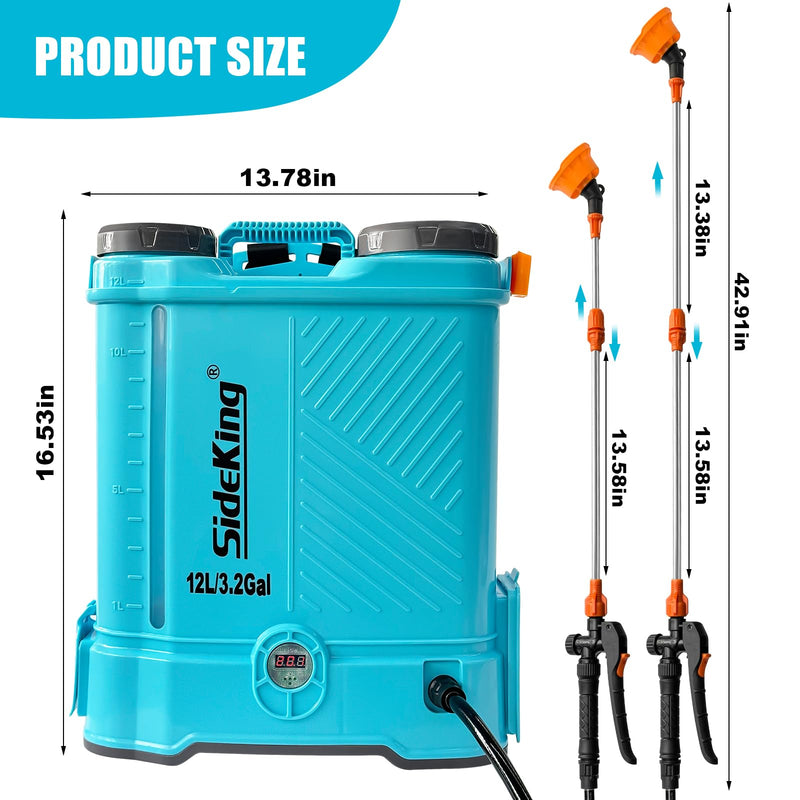 SideKing Battery Powered Backpack Sprayer 3.2 Gallon, 0 - 80 PSI Adjustable Pressure Sprayer Compatible with Makita 18V Battery, Electric Sprayer with Wand, 5 Nozzles, 2.0Ah Battery&Charger Included