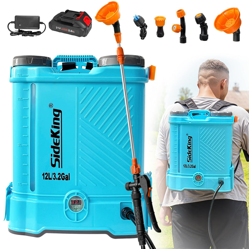 SideKing Battery Powered Backpack Sprayer 3.2 Gallon, 0 - 80 PSI Adjustable Pressure Sprayer Compatible with Makita 18V Battery, Electric Sprayer with Wand, 5 Nozzles, 2.0Ah Battery&Charger Included