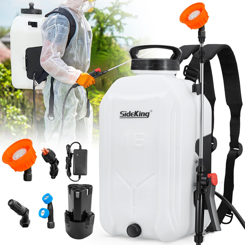 SideKing Battery Powered Backpack Sprayer 4 Gallon, Powerful Electric Garden Sprayer with 12V Rechargeable Battery, Telescopic Wand with Trigger - Lock and 4 Mist Nozzles (Charger Included)