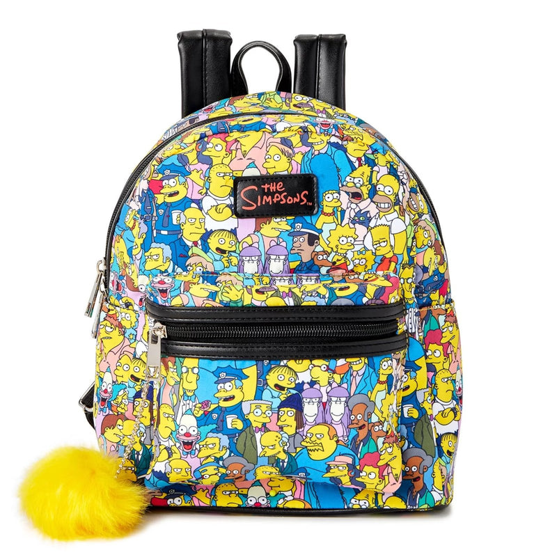 Simpsons All Over Character Print Women's Mini Backpack With Pom Zipper Pull Wallet Tote Bag