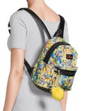 Simpsons All Over Character Print Women's Mini Backpack With Pom Zipper Pull Wallet Tote Bag