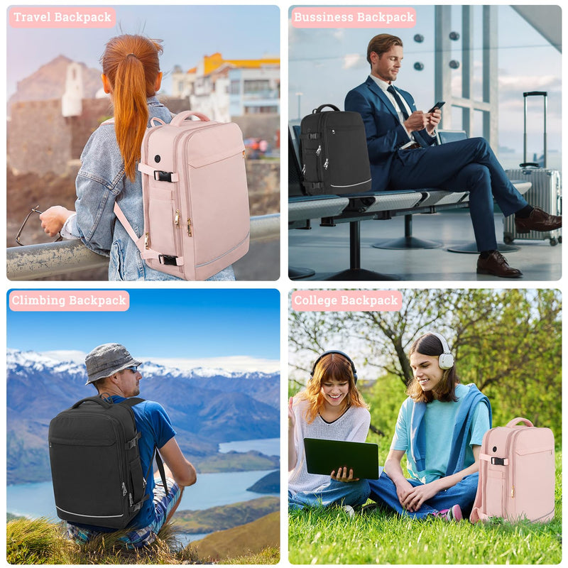 Sinaliy Large Travel Backpack for Women, 40L Travel Bag Personal Item Size, Laptop Backpacks, Waterproof Carry On Backpack with Packing Cubes for College Business Hiking Work Essentials, Pink