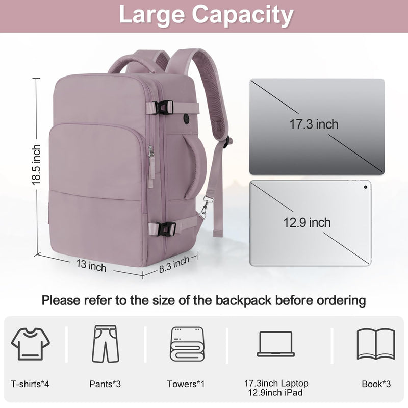 Sinaliy Travel Backpack, Carry on Flight Approved Backpack with Multi - Pockets, TSA Waterproof 17.3inch Laptop Backpack, Personal Item Travel Bag for Men Women, Light Purple