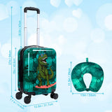 Skateboard Dinosaur Kids Luggage 2PC Set: Airline - Approved Carry On Boys Suitcase with 360° Spinner Rolling Wheels, Includes Neck Pillow