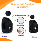 Skyrest Inflatable Travel Pillow - Airplane Pillow for Neck Support on Long Flights, Buses, Cars, Office & Trains - Comes with Eye Mask, Earplugs & Portable Drawstring Bag - Black