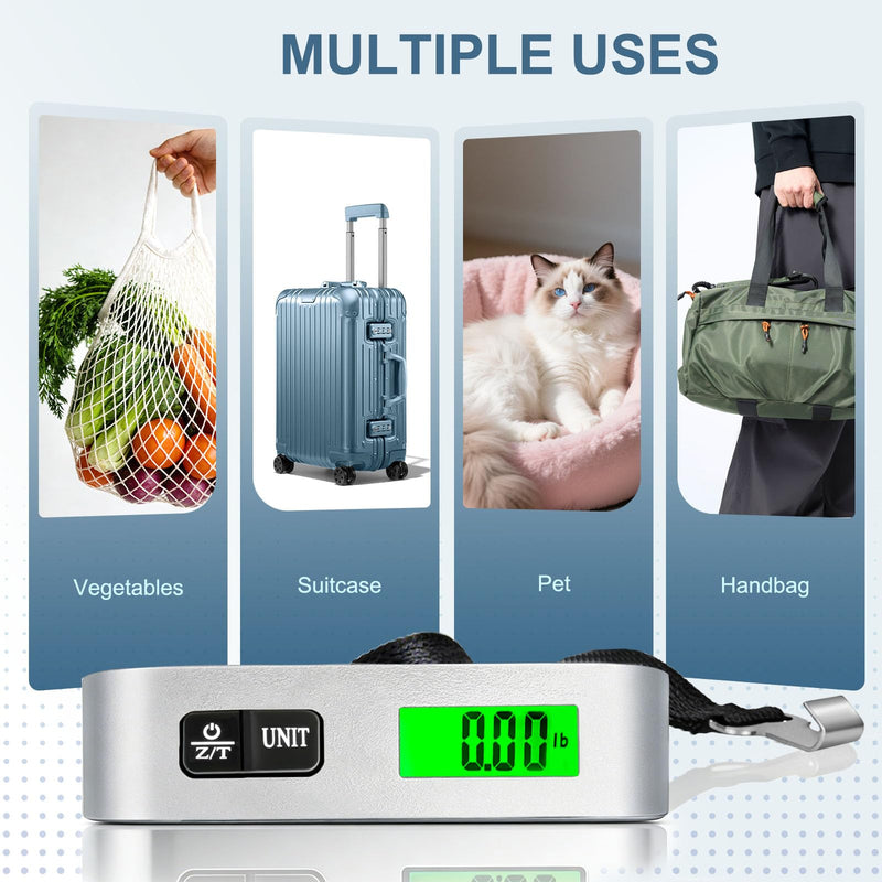 SkyStage Digital Luggage Scale, 110lb Suitcase Weight Scale for Travel with Backlit LCD Display, 4 - Unit Switching, Portable Hanging Baggage Scale for Luggage, Backpacks, Packages (Battery Included)