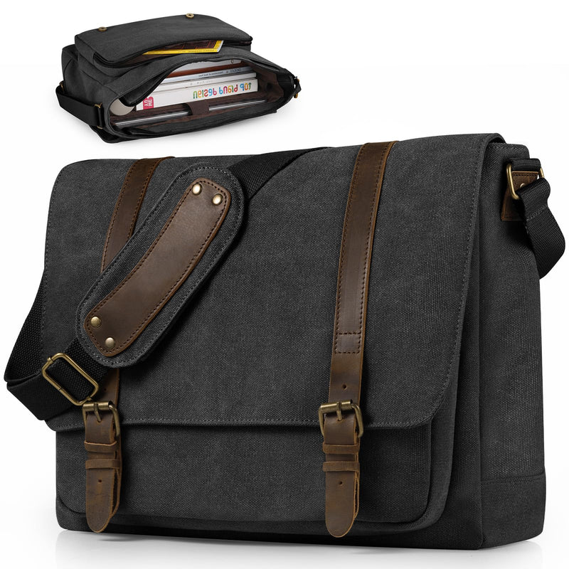 SMRITI Vintage Canvas Messenger Bag for Men 15.6 - 16 inch Laptop bag,Computer Satchel Shoulder Bag for School Work Travel (Black)