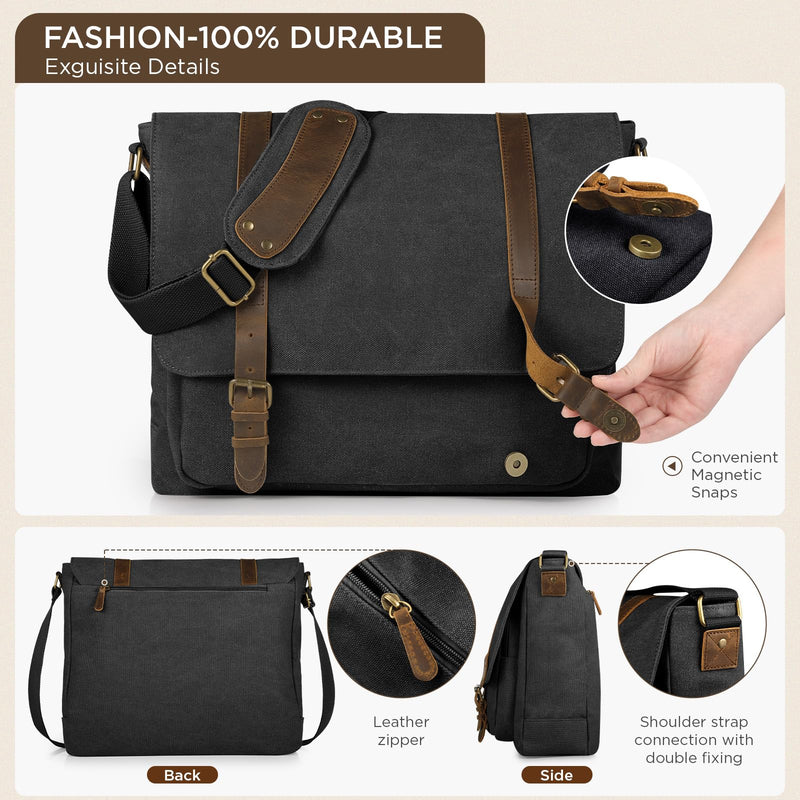 SMRITI Vintage Canvas Messenger Bag for Men 15.6 - 16 inch Laptop bag,Computer Satchel Shoulder Bag for School Work Travel (Black)