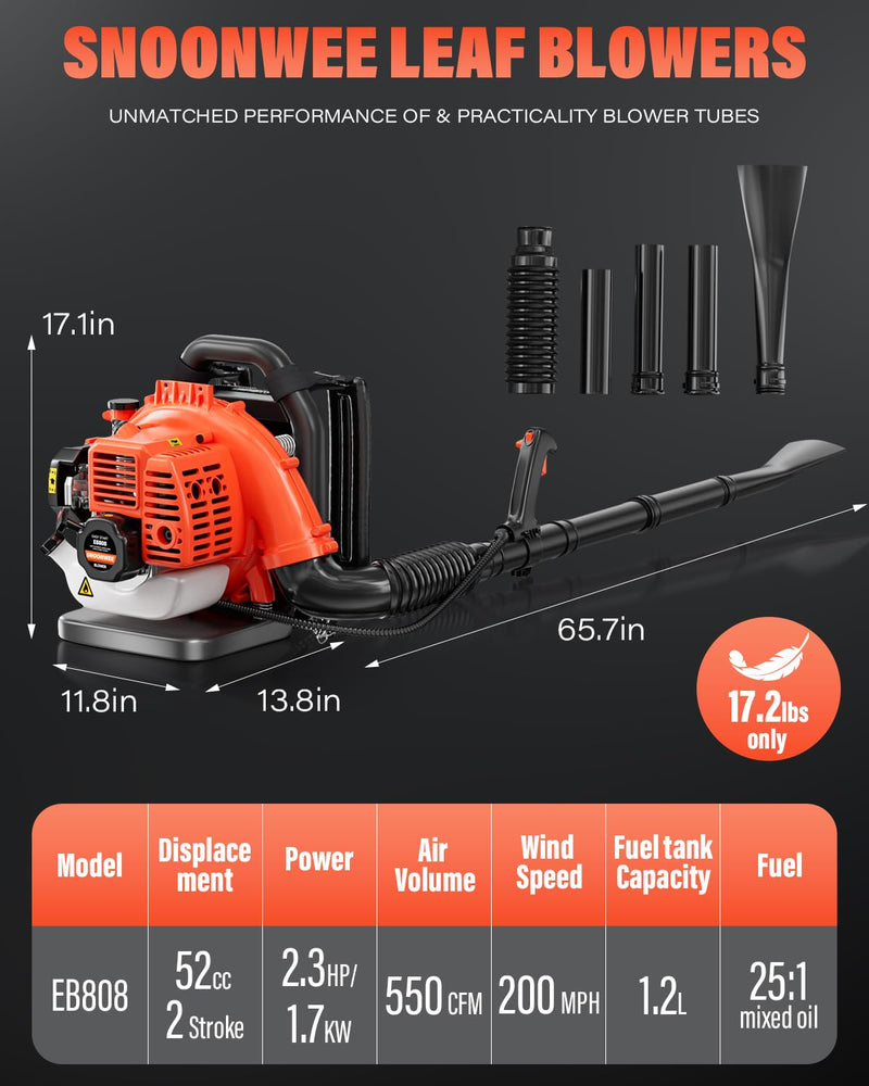 Snoonwee Backpack Leaf Blower Gas Powered – Commercial 52cc 2 - Stroke Engine, 200 MPH & 550 CFM Heavy Duty Blower for Lawn Care, Debris & Snow (A808 - 2)