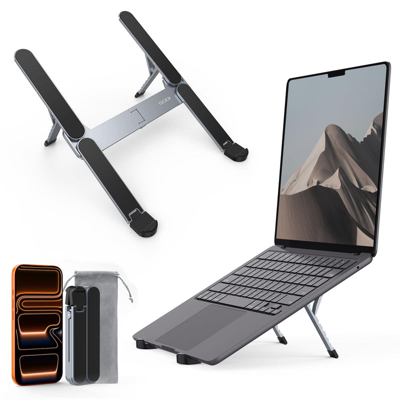 SODI [Ultra Compact] Foldable & Portable Laptop Stand for Desk, Lightweight Tablet Stand for Business Travel, Library, Cafe, 6 Level Height Ergonomic Aluminum Computer Holder for 10 - 16" Laptops