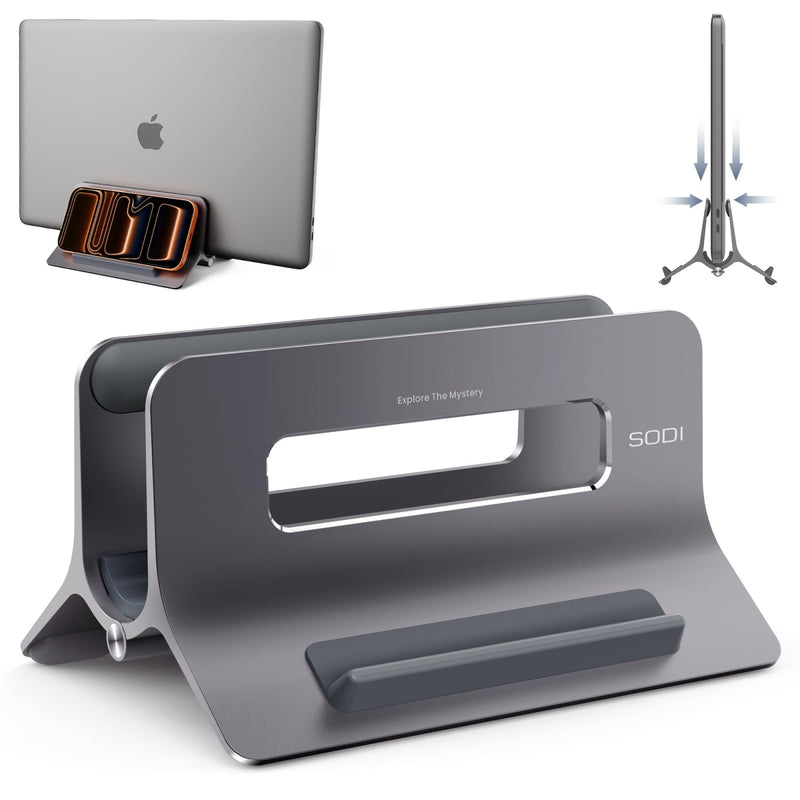 SODI Vertical Laptop Stand for Desk, Gravity Auto Lock MacBook Stand, Aluminum Laptop Holder Vertical Compatible with MacBook Pro, Air, Tablet, Space - Saving Organize Work & Home Office, Gray