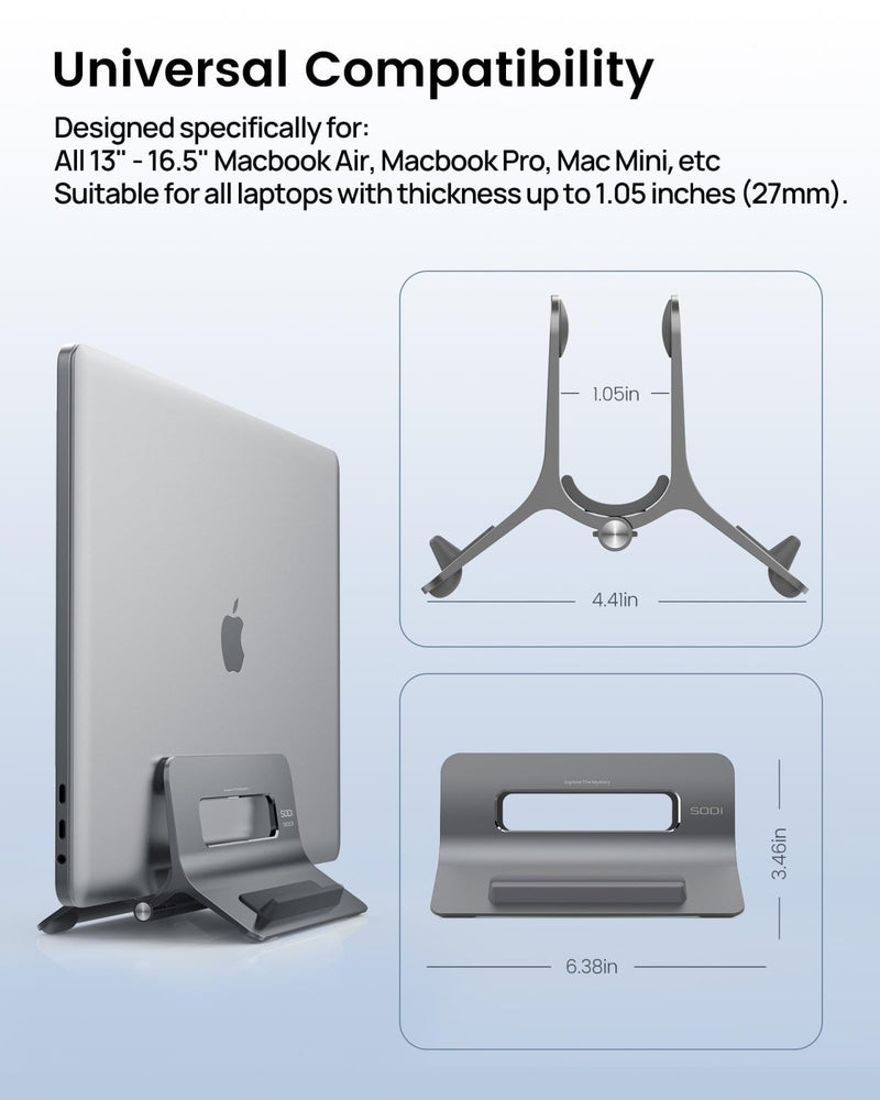 SODI Vertical Laptop Stand for Desk, Gravity Auto Lock MacBook Stand, Aluminum Laptop Holder Vertical Compatible with MacBook Pro, Air, Tablet, Space - Saving Organize Work & Home Office, Gray