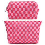 SOIDRAM 2 Pieces Makeup Bag Large Checkered Cosmetic Bag Capacity Canvas Mix Travel Toiletry Bag Organizer Cute Makeup Brushes Aesthetic Accessories Storage Bag for Women, Checkered Mix Rose Red