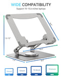 SOUNDANCE 360 Rotating Laptop Stand, Ergonomic Computer Riser for Desk, Adjustable Height Multi - Angle Metal Holder, Foldable Portable Notebook Elevating Base for Office & Home, Silver Grey