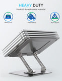 SOUNDANCE 360 Rotating Laptop Stand, Ergonomic Computer Riser for Desk, Adjustable Height Multi - Angle Metal Holder, Foldable Portable Notebook Elevating Base for Office & Home, Silver Grey