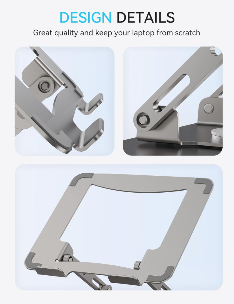 SOUNDANCE 360 Rotating Laptop Stand, Ergonomic Computer Riser for Desk, Adjustable Height Multi - Angle Metal Holder, Foldable Portable Notebook Elevating Base for Office & Home, Silver Grey
