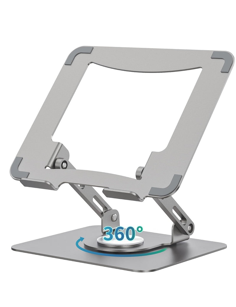 SOUNDANCE 360 Rotating Laptop Stand, Ergonomic Computer Riser for Desk, Adjustable Height Multi - Angle Metal Holder, Foldable Portable Notebook Elevating Base for Office & Home, Silver Grey