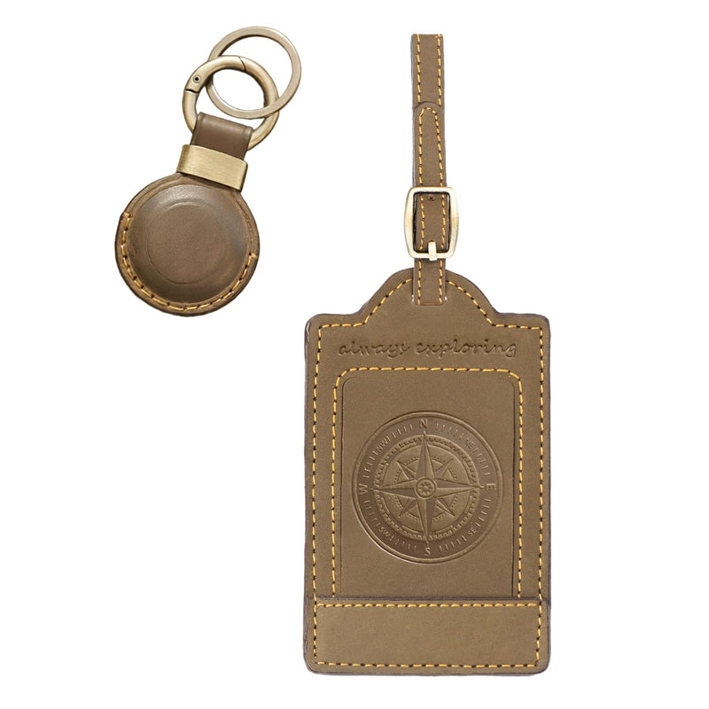 Sovereign - Gear - Brown Compass Embossed Leather Luggage Tag with Leather AirTag Holder Combo - Genuine Leathers Luggage Tag for Suitcases - Secure, Stylish & Durable Travel Accessory