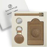 Sovereign - Gear - Brown Compass Embossed Leather Luggage Tag with Leather AirTag Holder Combo - Genuine Leathers Luggage Tag for Suitcases - Secure, Stylish & Durable Travel Accessory