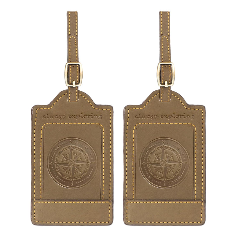 Sovereign - Gear - Two Brown Leather Luggage Tags - Compass Embossed - Genuine Leather Luggage Tag for Suitcases, Stylish & Durable Travel Accessory