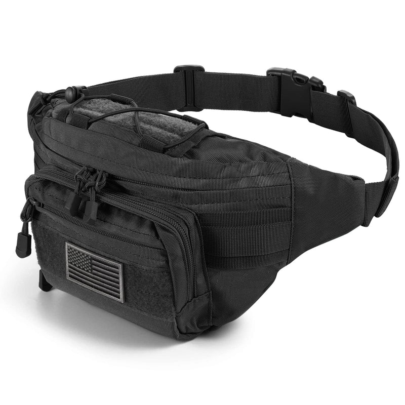 SOWHUP Tactical Fanny Pack,Military Waist Bag Pack with U.S Patch Utility Hip Belt Bumbag for Outdoor Fishing Hiking (Black(4 Zipper Pockets))
