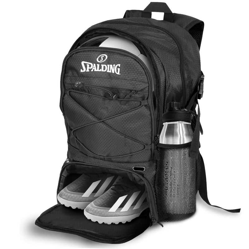 Spalding Soccer Backpack Sports Bag, Black Soccer Bag with Ball and Shoe Compartment, Use for Track Bags, Basketball Sport Ball Accessories & Stuff, Gifts for Sports Players