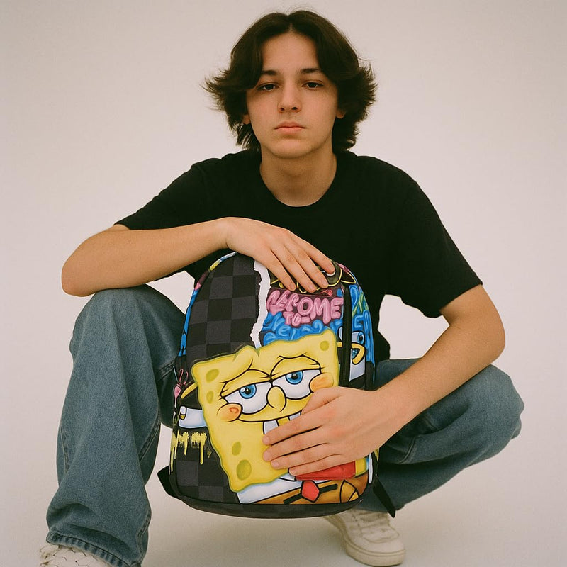 SpongeBob SquarePants Backpack for Teens with Rubber Luggage Tag | 2 Piece SpongeBob Backpack Set for Boys, Girls, Unisex | SpongeBob School Backpack and Travel Essentials