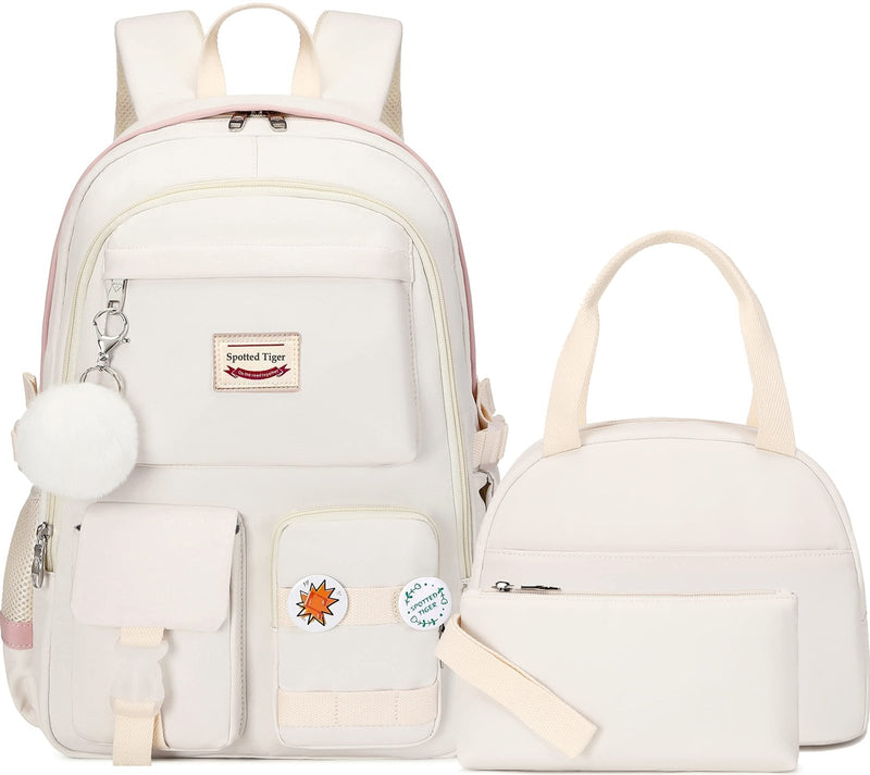 Spotted Tiger School Backpack for Girls Backpack with Lunch Box Anime Bookbag Set School Bag Kawaii Backpacks for Girls Teens (White)