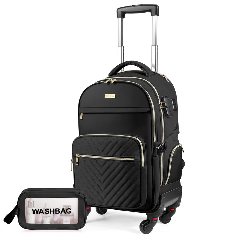 star cloud Rolling Backpack for Women, 21"x14"x9",45L Travel Backpack with Wheels and USB & Type - C Charging Ports, Fits 17.3", Water - Resistant Carry - On Luggage for Work & Travel (Black)