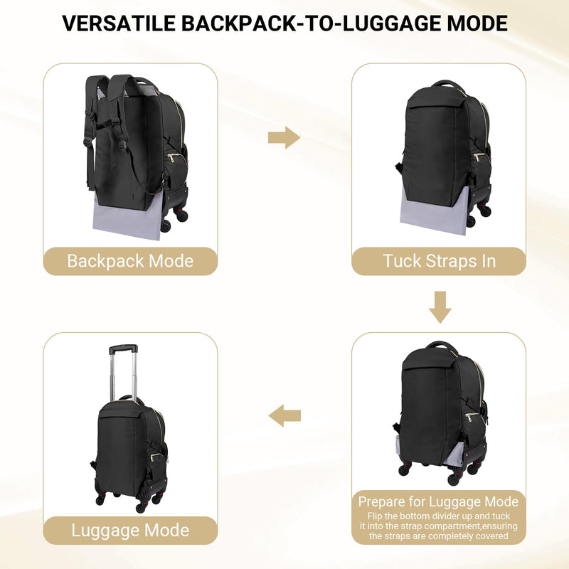 star cloud Rolling Backpack for Women, 21"x14"x9",45L Travel Backpack with Wheels and USB & Type - C Charging Ports, Fits 17.3", Water - Resistant Carry - On Luggage for Work & Travel (Black)