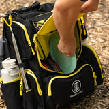 STAR FRAME Bandido Disc Golf Bag With Cooler | 30+ Disc Frisbee Golf Backpack | 4-Can Insulated Cooler | Light Durable Black & Yellow Men Women Disc Golf Bag | Huge Storage & Retriever Holder