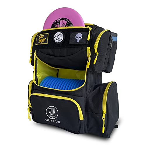 STAR FRAME Bandido Disc Golf Bag With Cooler | 30+ Disc Frisbee Golf Backpack | 4-Can Insulated Cooler | Light Durable Black & Yellow Men Women Disc Golf Bag | Huge Storage & Retriever Holder