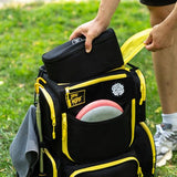 STAR FRAME Bandido Disc Golf Bag With Cooler | 30+ Disc Frisbee Golf Backpack | 4-Can Insulated Cooler | Light Durable Black & Yellow Men Women Disc Golf Bag | Huge Storage & Retriever Holder