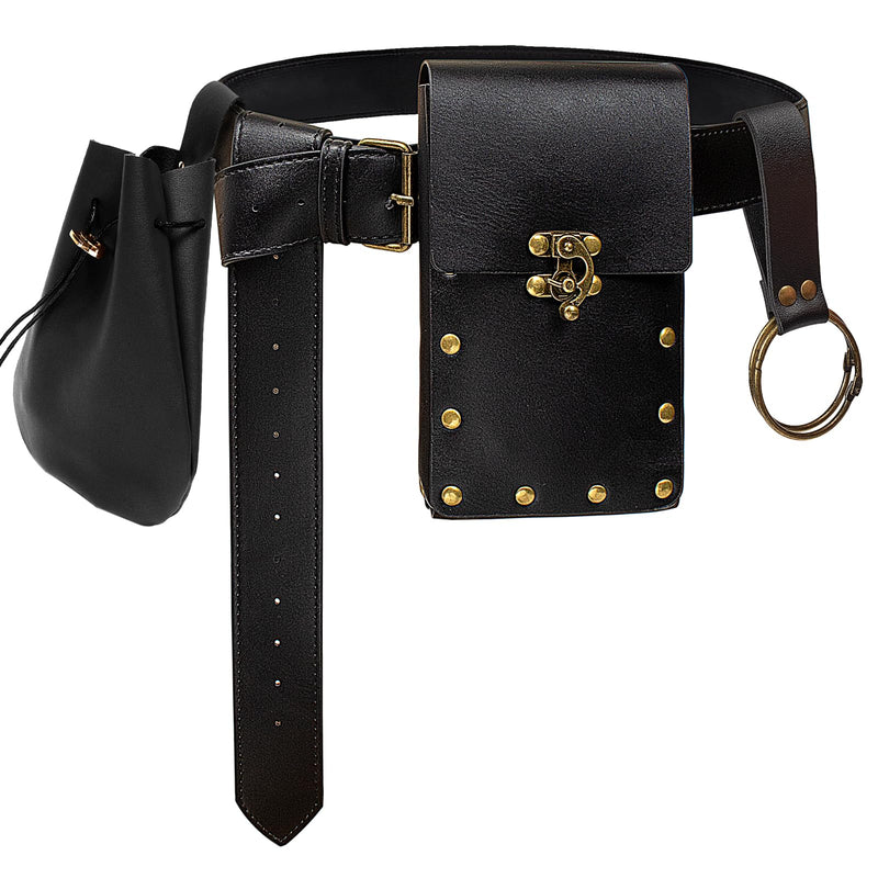 Steampunk Fashion Waist Bag Fanny Pack Belt Pouch Phone Purse Festival Medieval Renaissance Costume Retro Cosplay Accessory (2P - Black)