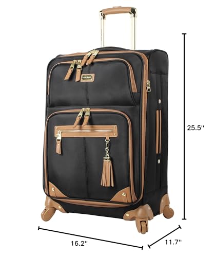 Steve Madden Designer Luggage Collection - Lightweight 24 Inch Expandable Softside Suitcase - Mid - size Rolling 4 - Spinner Wheels Checked Bag (Harlo Black)