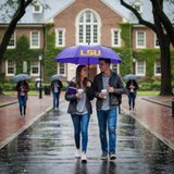 Storm Duds Mini Compact Storm Umbrella - LSU Logo 42” Coverage, Folds to 11 Inches - Swivel Clip on Handle - Waterproof, Wind & Rust Resistant, and Flexible Frame