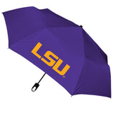 Storm Duds Mini Compact Storm Umbrella - LSU Logo 42” Coverage, Folds to 11 Inches- Swivel Clip on Handle - Waterproof, Wind & Rust Resistant, and Flexible Frame
