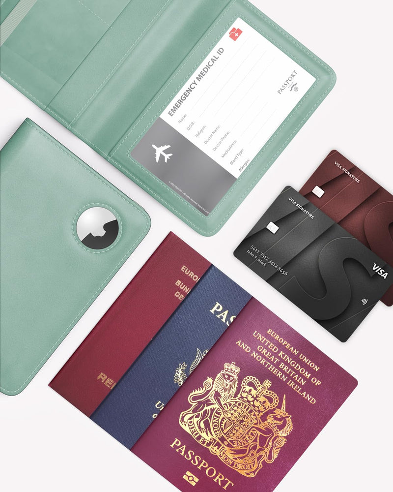 Stouchi AirTag Passport Holder, Cute Passport Holder with Airtag Slot, RFID Passport Wallet Cover for Women, Family Leather Passport Protector Case, Anti - Lost Travel Essentials, Sky Blue